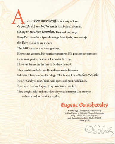 "A narrative is ein narrenschiff..." by Eugene Ostaschevsky (broadside)